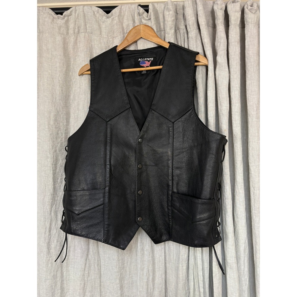 Allstate Leather Biker Vest Mens 48 Black Excellent Side Lace Snap Frnt 26052013